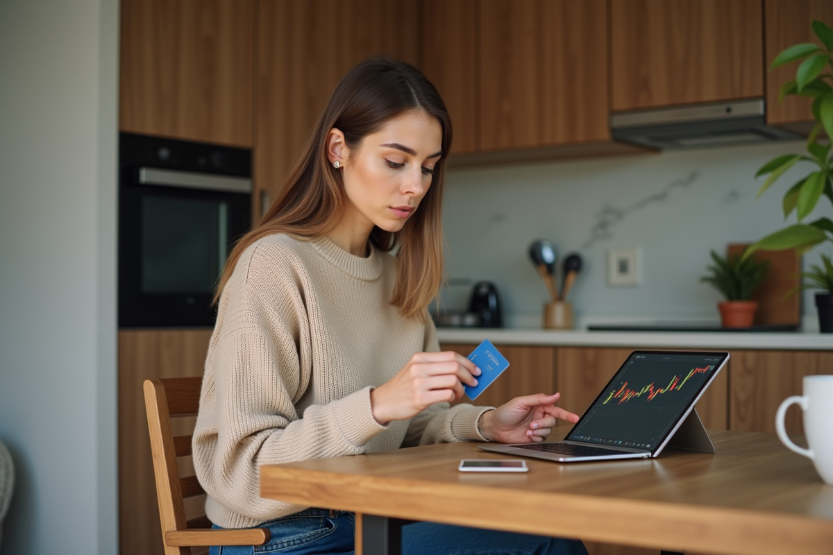 Jeune femme à la maison regardant un graphique de crypto sur sa tablette