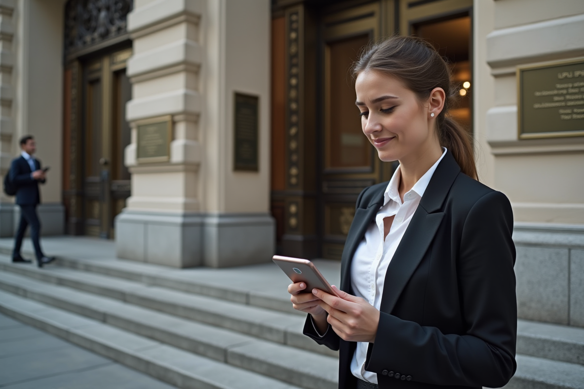 Jeune femme vérifie son portefeuille crypto devant banque