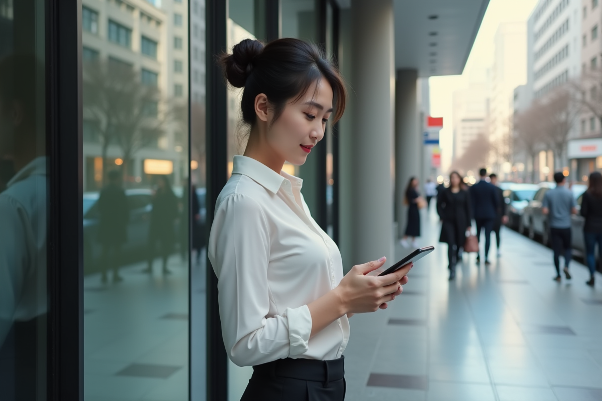Jeune femme regardant son smartphone devant un bâtiment moderne