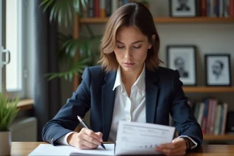 Femme française en blazer lisant un bilan financier chez elle