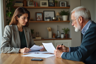 Femme d'âge moyen en réunion avec un homme âgé à la maison