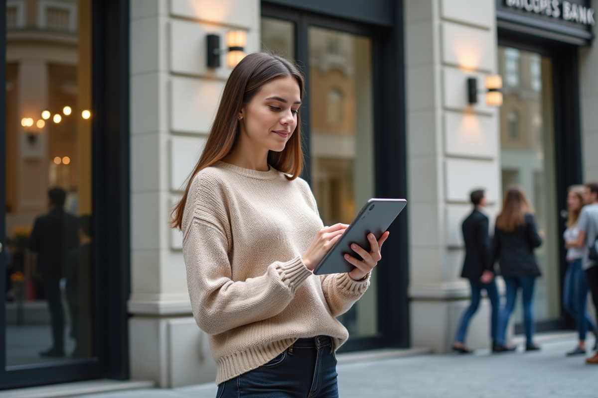 Femme dehors avec une tablette et un graphique financier