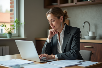 Femme d'âge moyen en costume examine des documents financiers