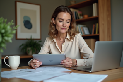 Femme d'âge moyen étudie documents de retraite à son bureau