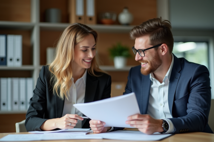 Deux professionnels examinent des brochures d'investissement PEAPME