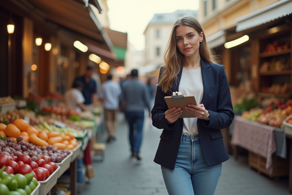 Jeune femme note les prix dans un marché animé en plein air
