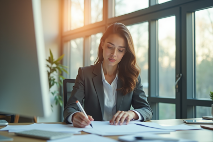 Femme professionnelle au bureau en train de revoir des papiers pour l article