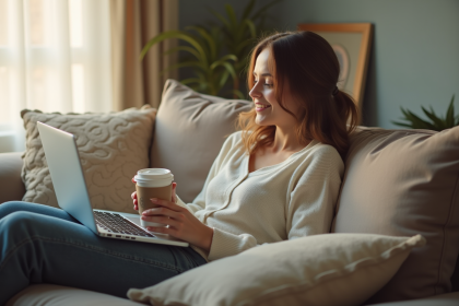 Jeune femme souriante détendue dans un salon cosy
