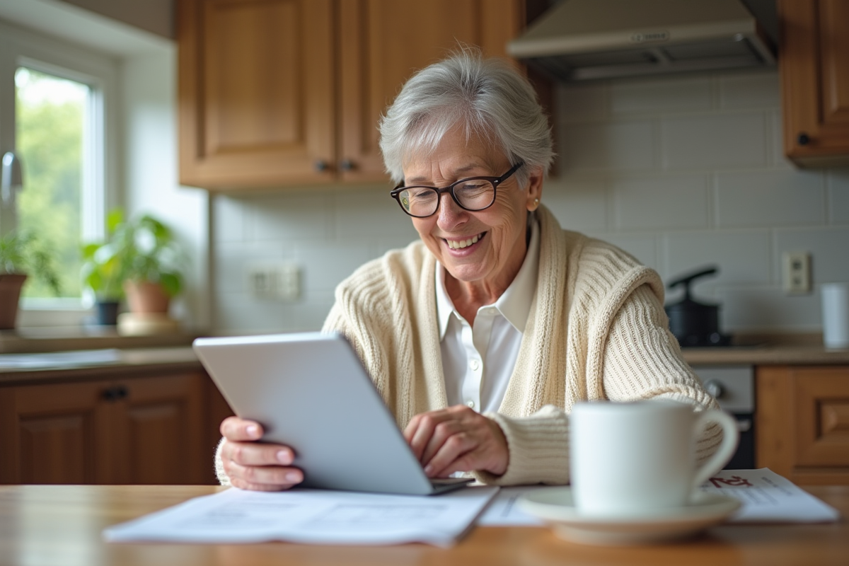 Femme souriante vérifiant ses papiers de retraite à la maison