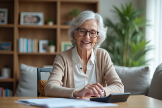 Femme souriante en retraite vérifiant ses papiers