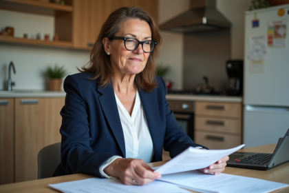 Femme d'âge moyen examine des documents de retraite dans la cuisine
