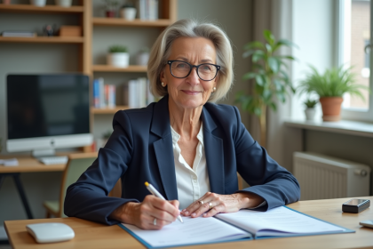 Femme d'âge moyen examinant des documents de pension dans un bureau