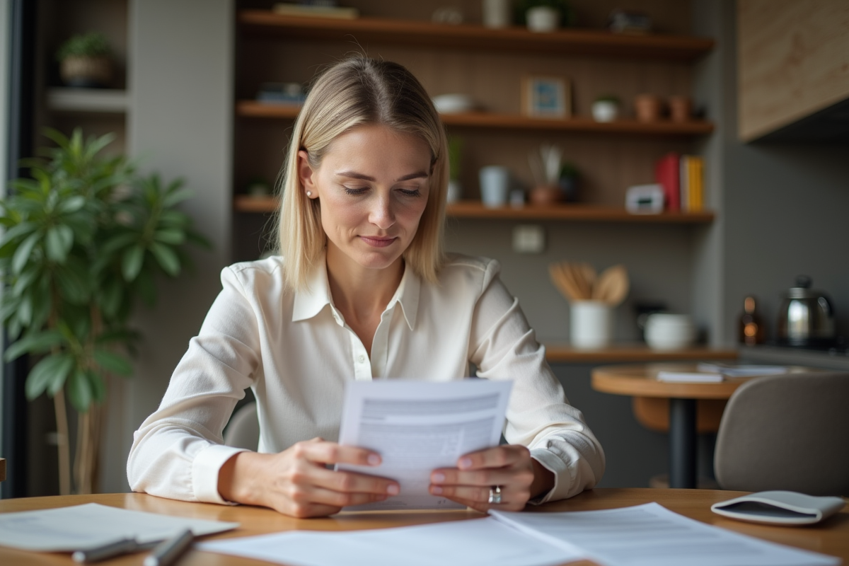 Femme d'âge moyen vérifiant ses relevés bancaires à la maison