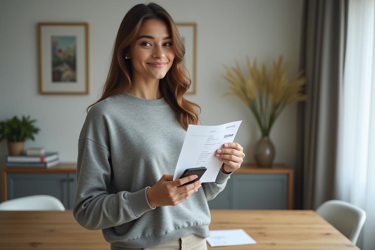 Jeune femme souriante avec fiche de paie à la maison