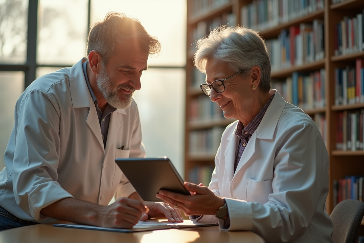 Femme senior utilisant une tablette dans une bibliothèque lumineuse