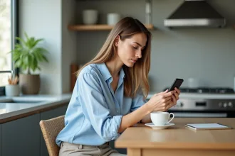 Femme utilisant son smartphone au café dans une cuisine moderne