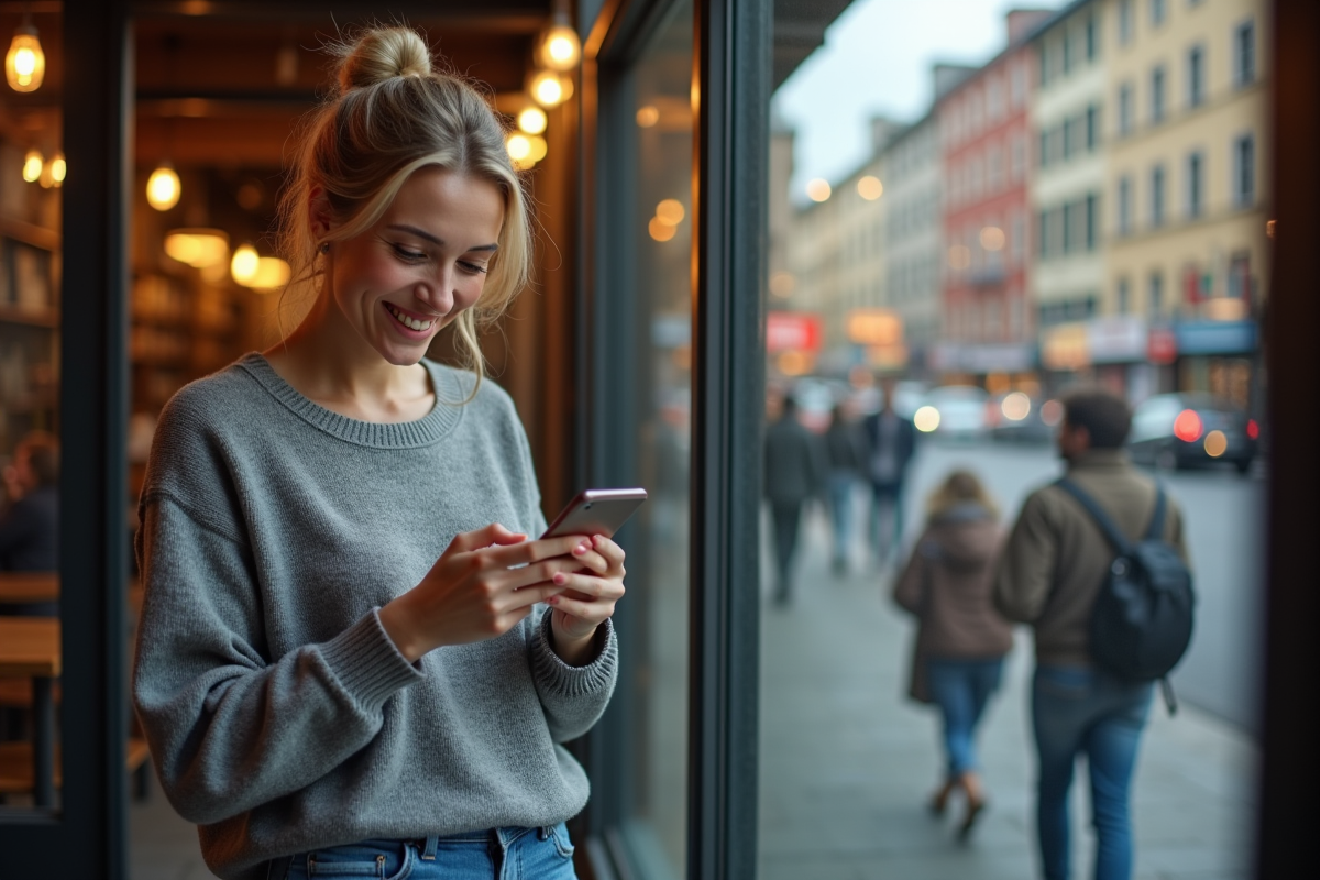 Femme souriante lisant une alerte Bitcoin au café