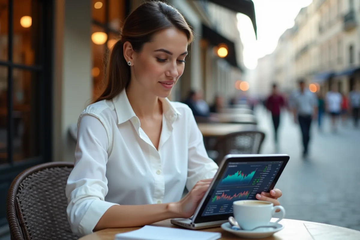 Jeune femme avec tablette financière en terrasse de café