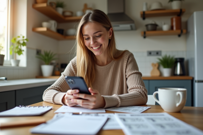 Jeune femme souriante vérifiant son solde bancaire sur smartphone à la maison
