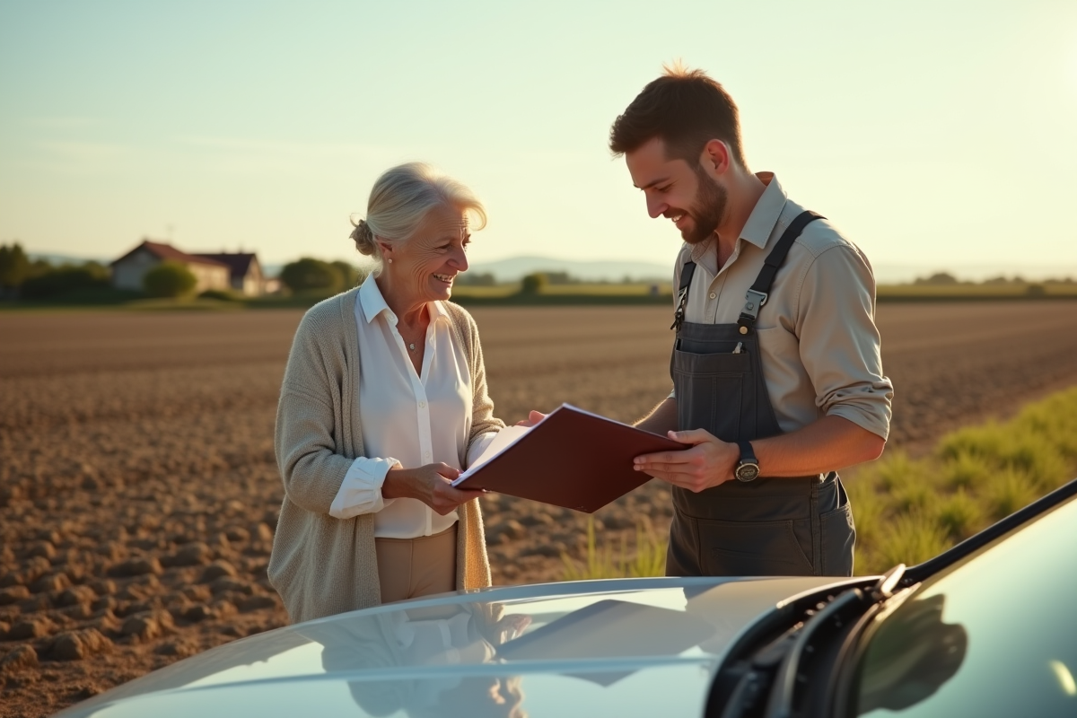 Femme âgée et jeune homme examinant un dossier sur une voiture