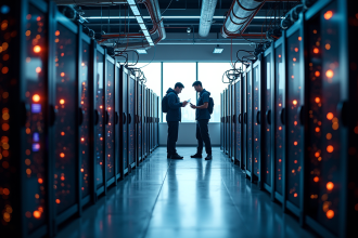 Ferme de minage moderne en 2025 avec rigs color&eacute;s et techniciens