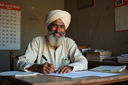 Fermier indien signant des documents de prêt dans un bureau rural