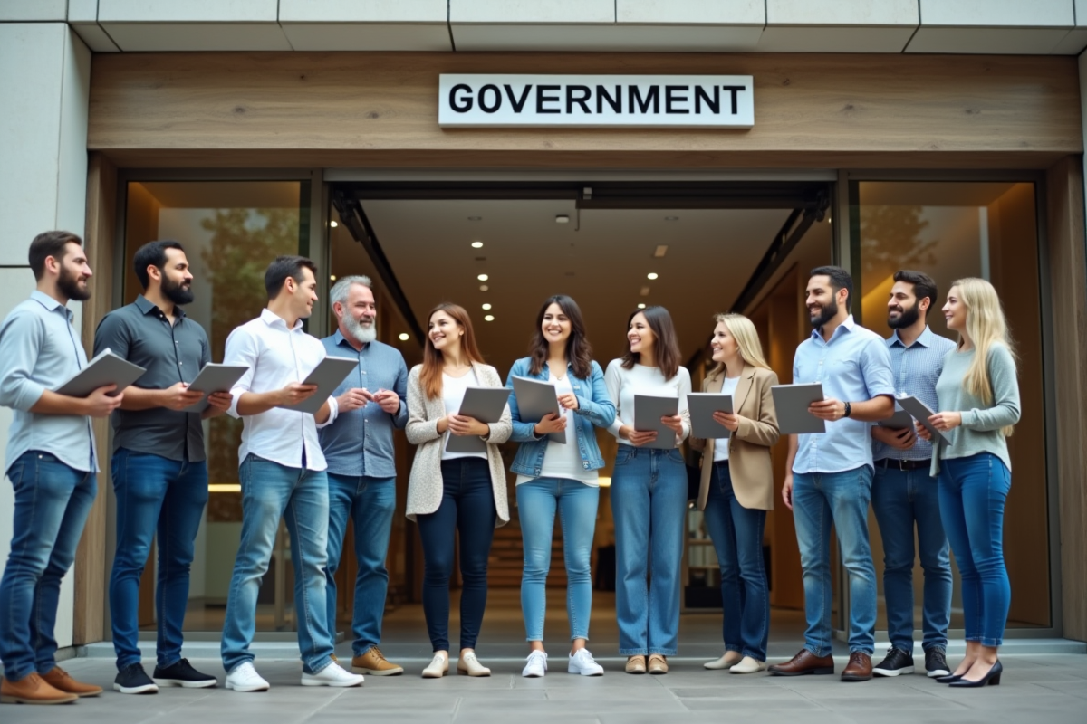 Groupe de personnes devant un bureau emploi en interaction avec un agent