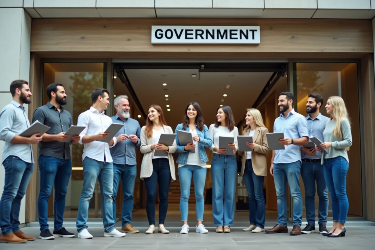 Groupe de personnes devant un bureau emploi en interaction avec un agent