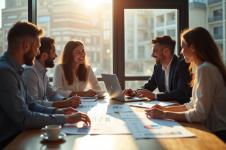 Groupe de personnes discutant de finances dans un bureau lumineux