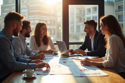 Groupe de personnes discutant de finances dans un bureau lumineux