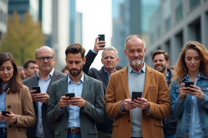 Groupe diversifié dans une place urbaine avec smartphones