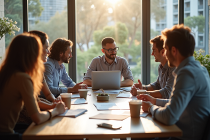 Groupe de petits entrepreneurs en brainstorming dans un bureau lumineux