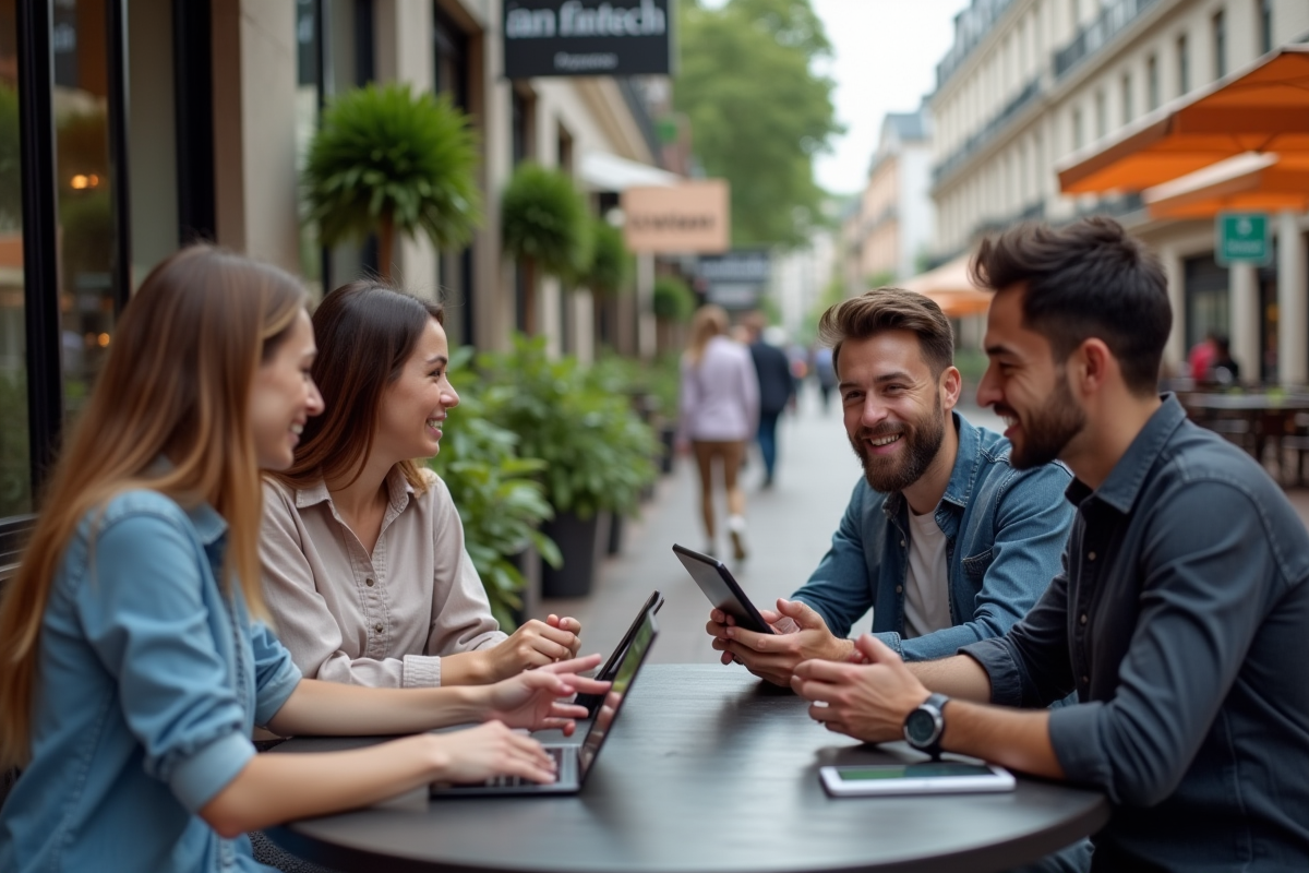 Groupe de jeunes professionnels discutant en extérieur dans une ville dynamique