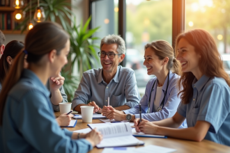 Groupe de travailleurs publics souriants discutant de pensions