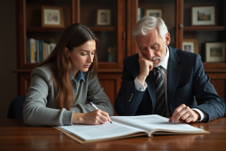 Homme âgé et jeune femme examinent documents d'héritage