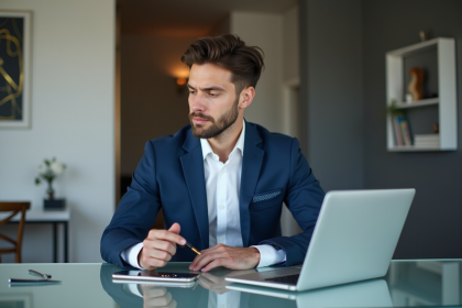 Jeune homme d'affaires concentré sur son ordinateur dans un bureau moderne