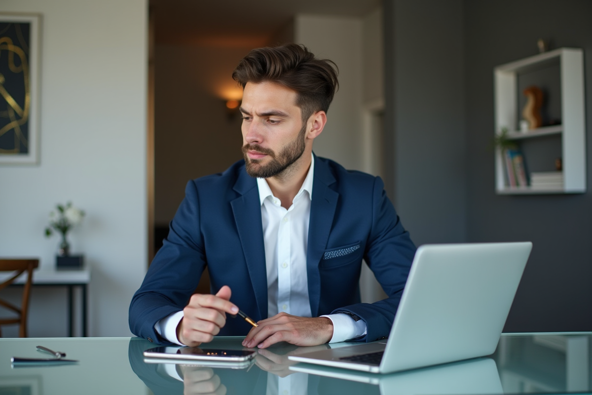 Jeune homme d'affaires concentré sur son ordinateur dans un bureau moderne