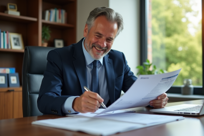 Homme d'affaires en costume bleu examinant des documents financiers