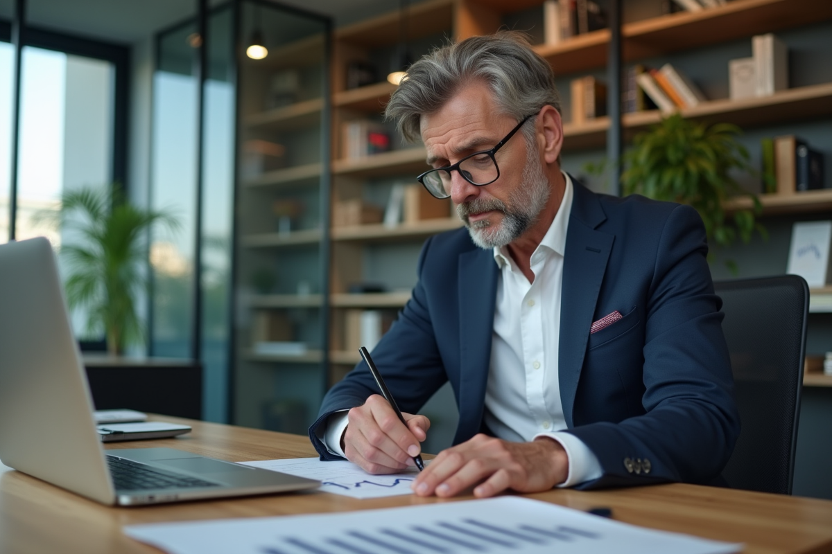 Homme d'affaires en costume analysant des graphiques financiers