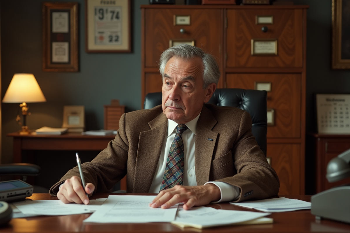 Homme d'affaires français dans une banque vintage des années 80