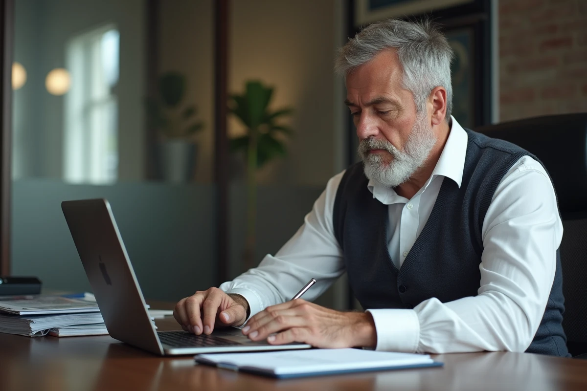 Homme français analysant un portefeuille boursier au bureau