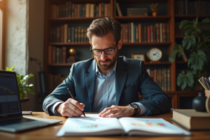Homme d'âge moyen étudiant des documents blockchain dans un bureau