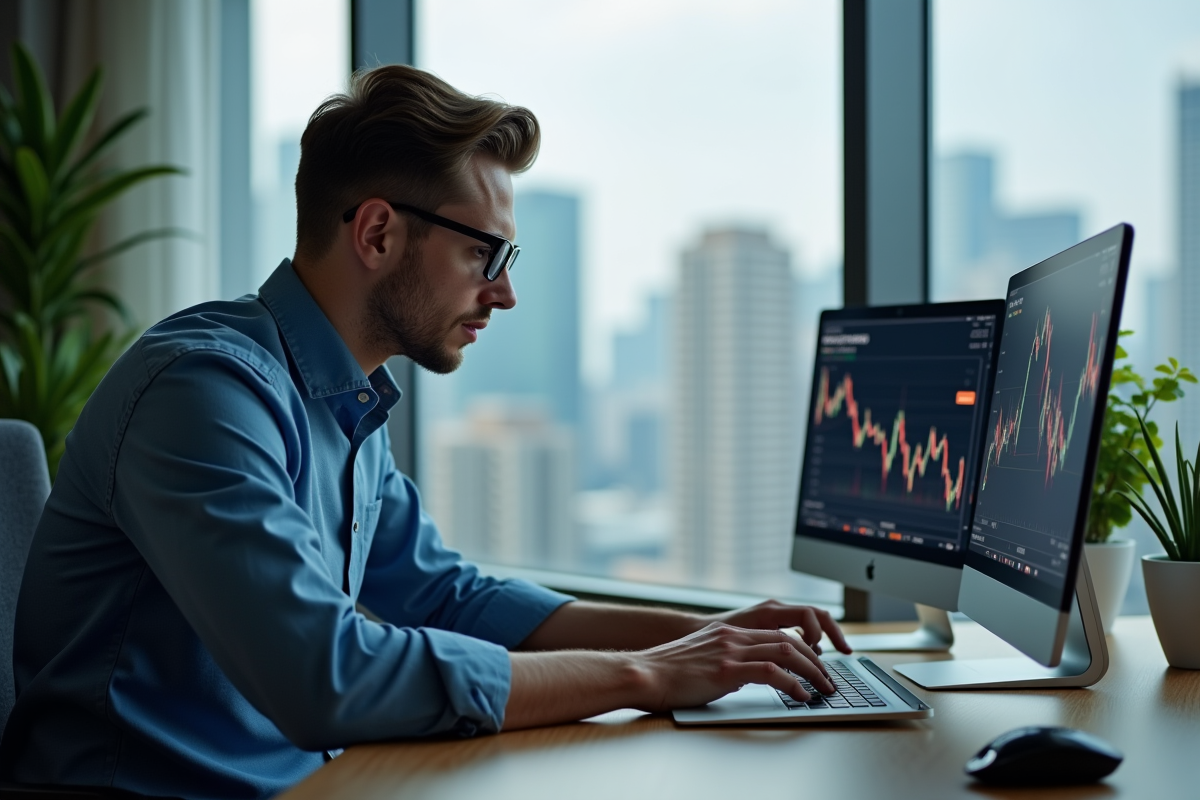 Jeune homme regardant un graphique Bitcoin en bureau
