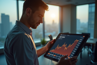 Homme d'affaires examinant une tablette avec graphique en baisse Orange S A