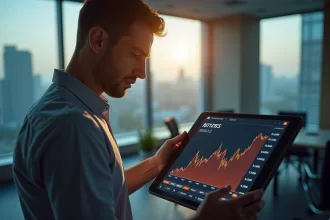Homme d'affaires examinant une tablette avec graphique en baisse Orange S A