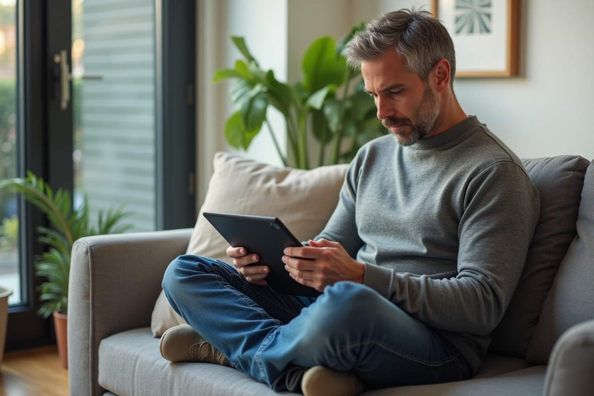 Homme décontracté regardant des graphiques ETF dans son salon