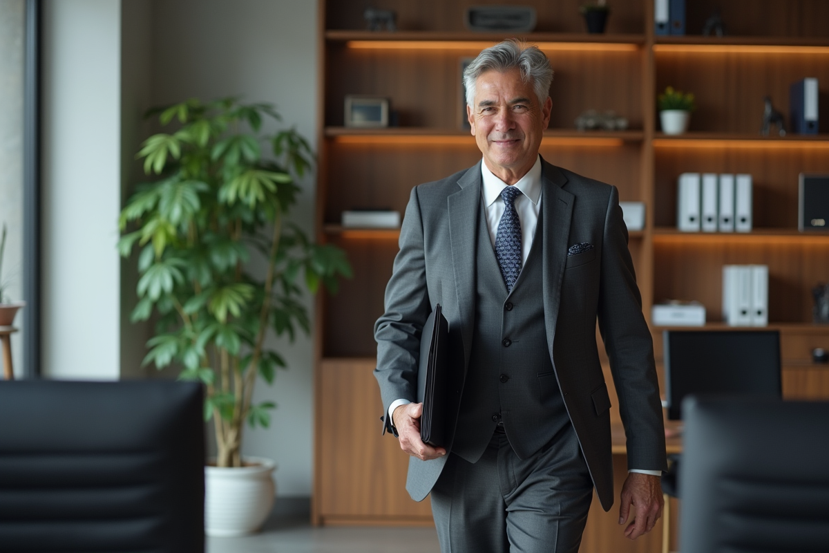 Homme en costume entre dans un bureau de conseiller financier