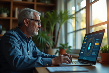 Homme inquiet utilisant une banque digitale à domicile