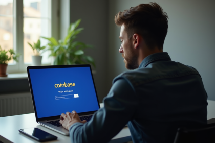 Homme inquiet devant un ordinateur avec logo Coinbase