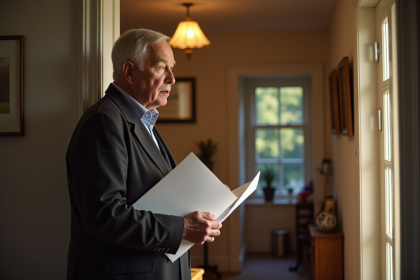 Homme inquiet devant sa porte avec lettres officielles